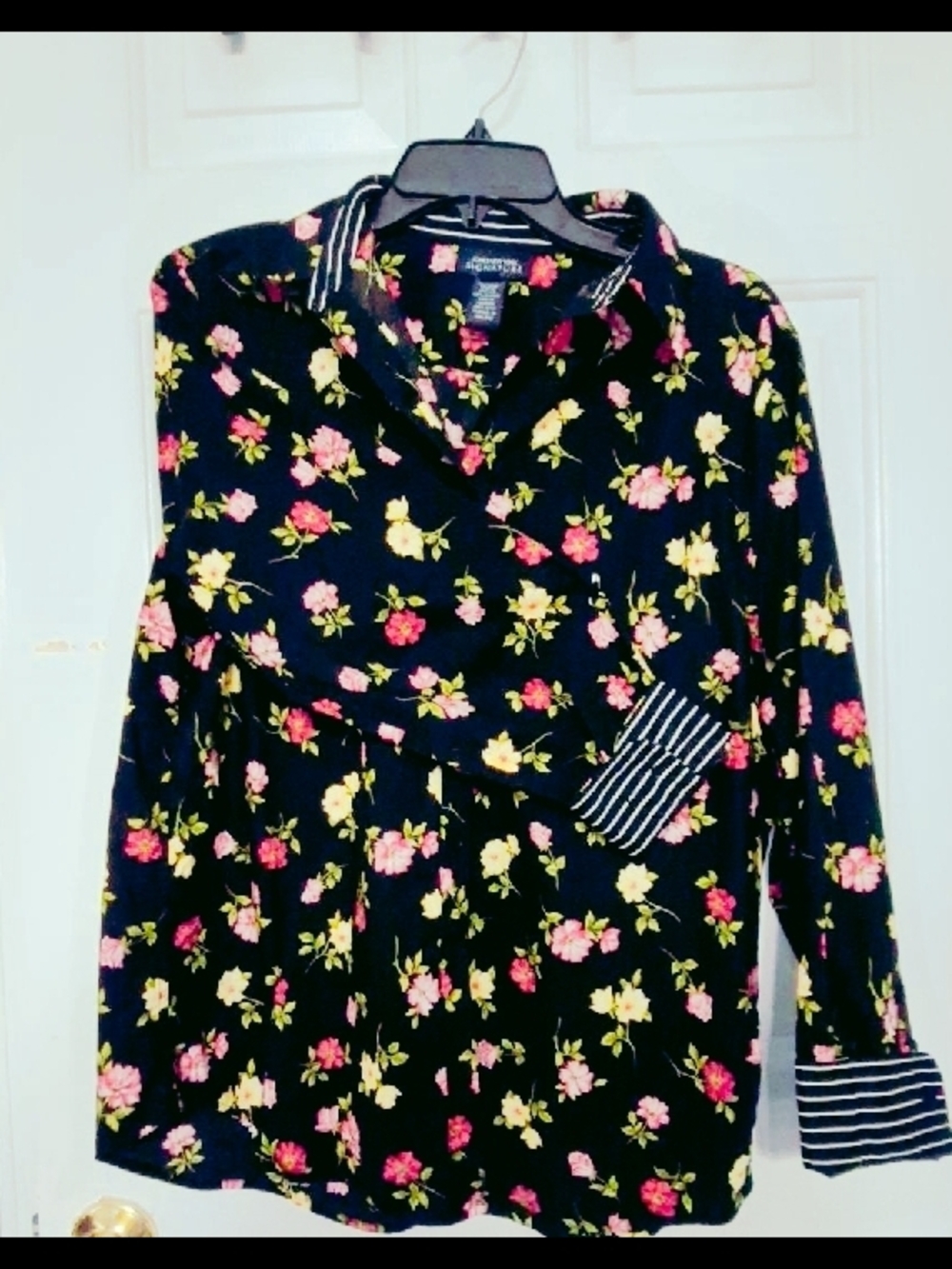 Jones New York Black Floral Button-Down Shirt with Striped Cuffs